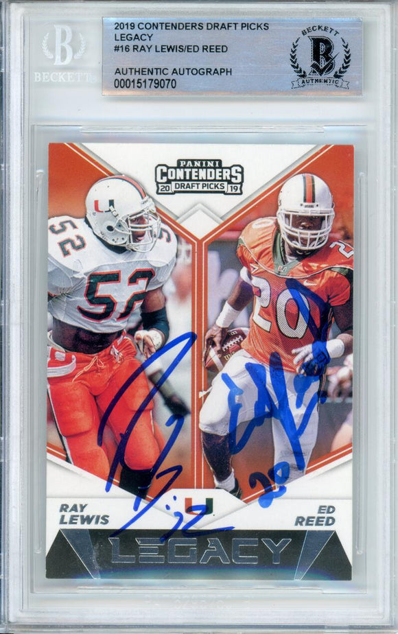 2019 Contenders Draft Picks Legacy #16 Ray Lewis/ Ed Reed Miami Hurricanes BAS Autograph 10  Image 1