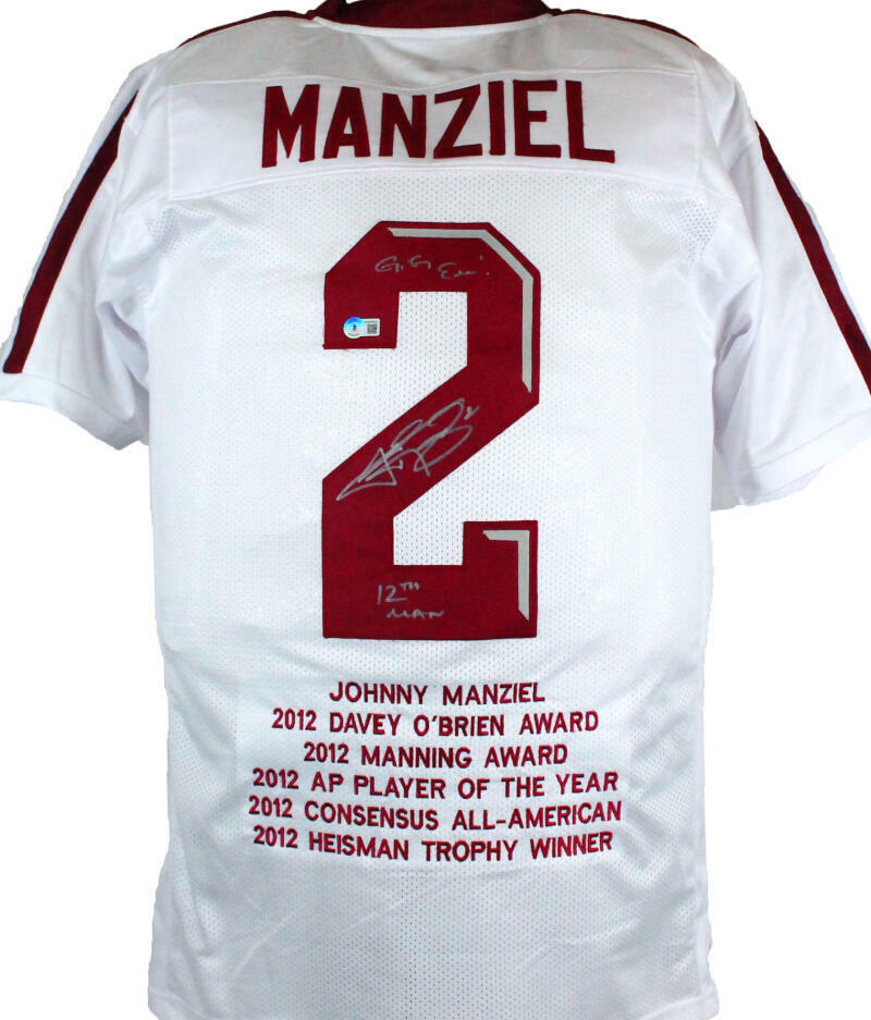 Johnny Manziel Autographed White College Style STAT Jersey w 2 insc. BAW Holo