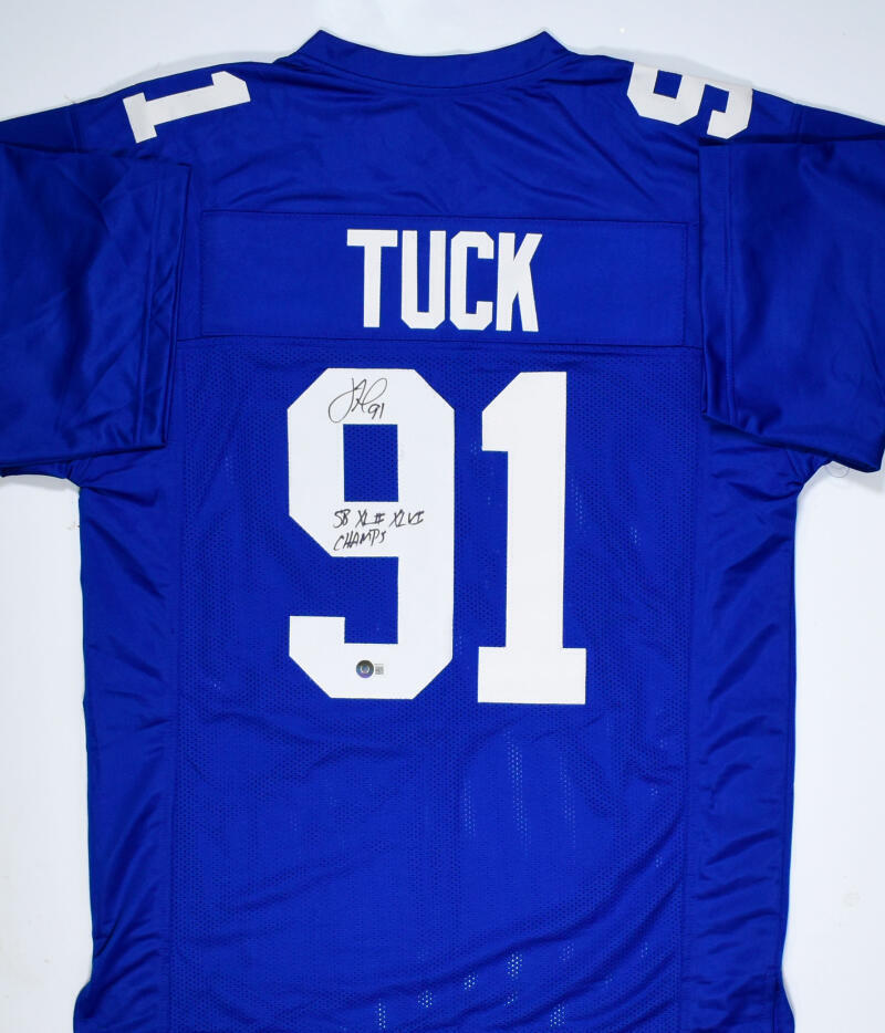 Justin Tuck Autographed Blue Pro Style Jersey w/ SB Champs - Main Image