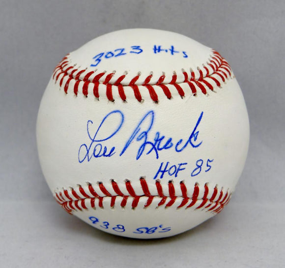 Lou Brock 3 Stats Autographed Rawlings OML Baseball- JSA W Authenticated
