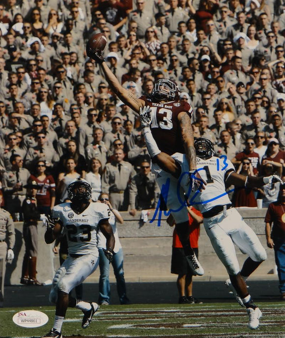 Mike Evans Autographed *Blue Texas A&M 8x10 Leaping Photo- JSA Witnessed Auth