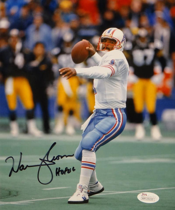 Warren Moon Autographed Houston Oilers 8x10 Passing Photo With HOF- JSA W Auth