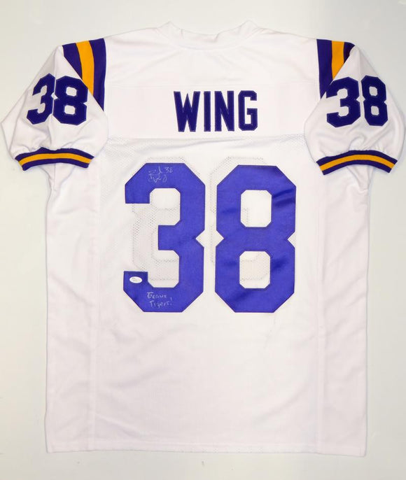 Brad Wing Autographed White College Style Jersey With Geaux Tigers and JSA Auth