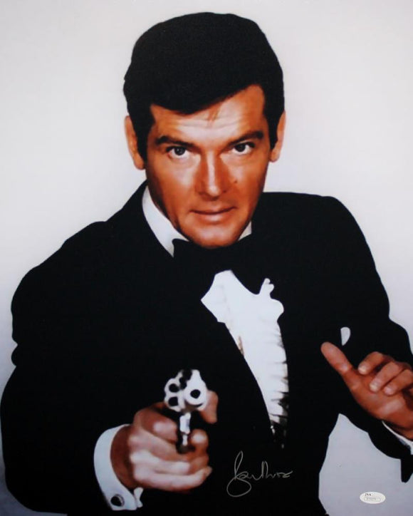 Roger Moore Autographed 16x20 James Bond in Tuxedo - JSA Authenticated