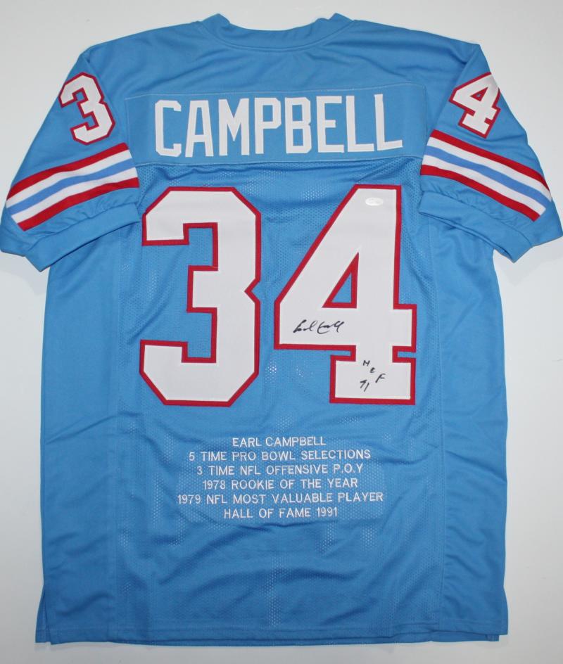 The Jersey Source Earl Campbell Autographed Blue Pro Style STAT1 Jersey with HOF- JSA W *Black