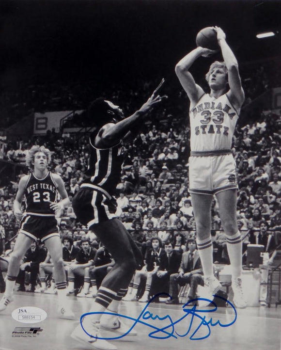Larry Bird Autographed Indiana State 8x10 B&W Shooting PF Photo- JSA Auth *Blue