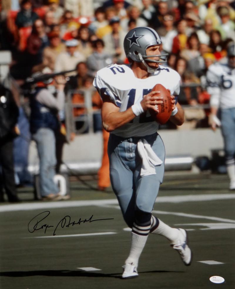 Roger Staubach Autographed Dallas Cowboys 16x20 PF Photo About to Pass Blue  Jersey- JSA W Auth *Black