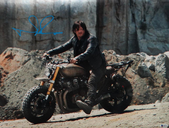 Norman Reedus Autographed Walking Dead 16x20 On Motorcycle Photo- Beckett Auth Image 1