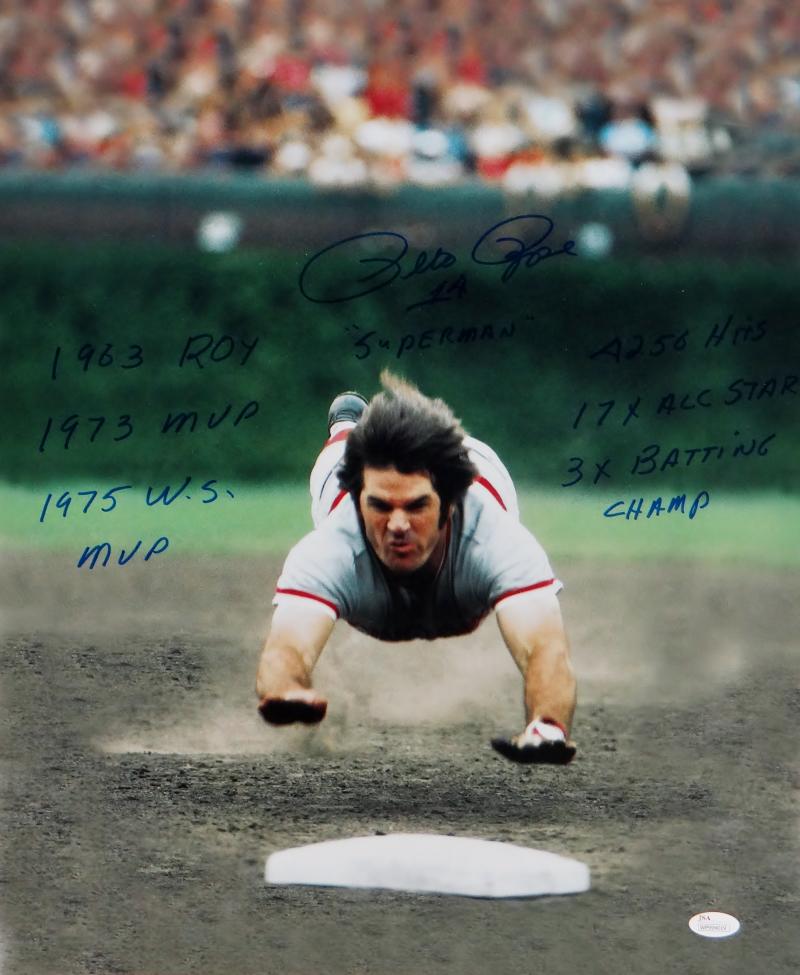 Pete Rose Autographed Reds 16x20 Superman Photo w/ 7 Stats- JSA W Auth *Blue