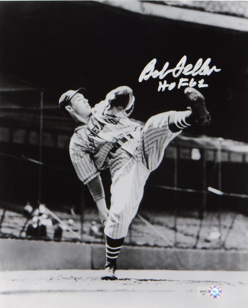 Bob Feller Signed Cleveland Indians 8x10 HOF B&W Pitching Photo