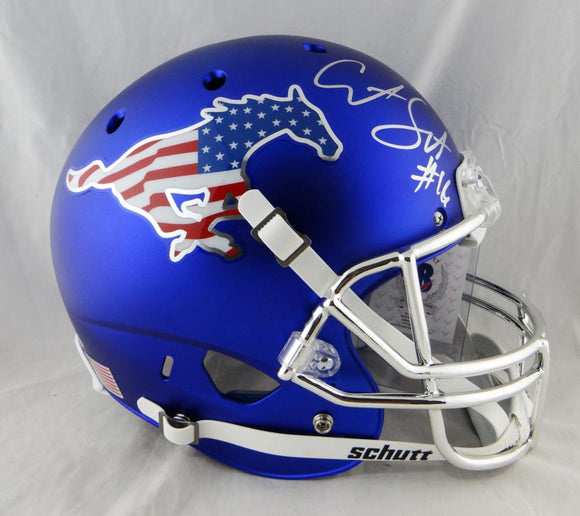 Courtland Sutton Autographed SMU Blue Flag F/S Schutt Helmet - Beckett Auth *Silver