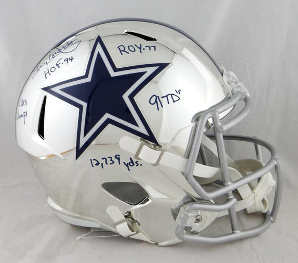 Tony Dorsett Autographed Dallas Cowboys F/S Chrome Helmet w/ 5 Insc -JSA W Auth *Blue