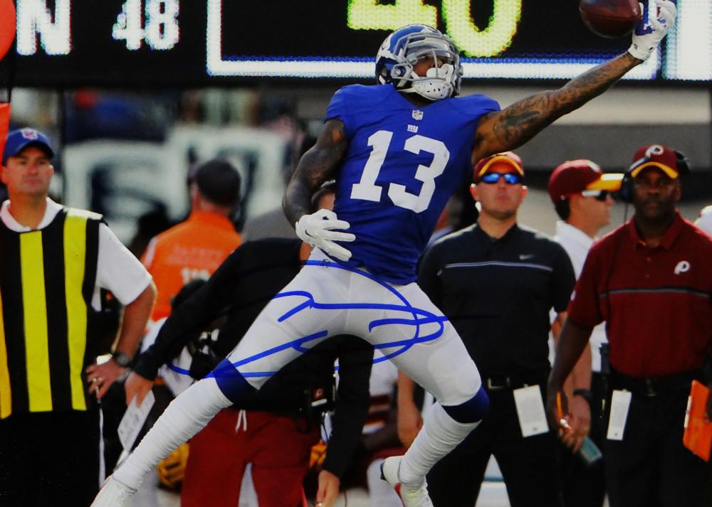 Odell Beckham Signed New York 8x10 One Handed Catch *Blue Jersey