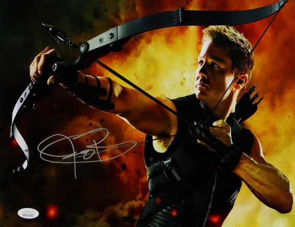 Jeremy Renner Autographed 11x14 Hawkeye Photo Fire Background- JSA W Auth *Silver