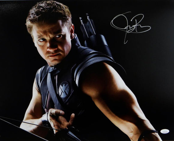 Jeremy Renner Autographed 16x20 Hawkeye Photo Close Up Blk Background- JSA W Auth *Silver