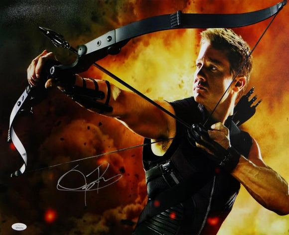 Jeremy Renner Autographed 16x20 Hawkeye Photo Fire Background- JSA W Auth *Silver