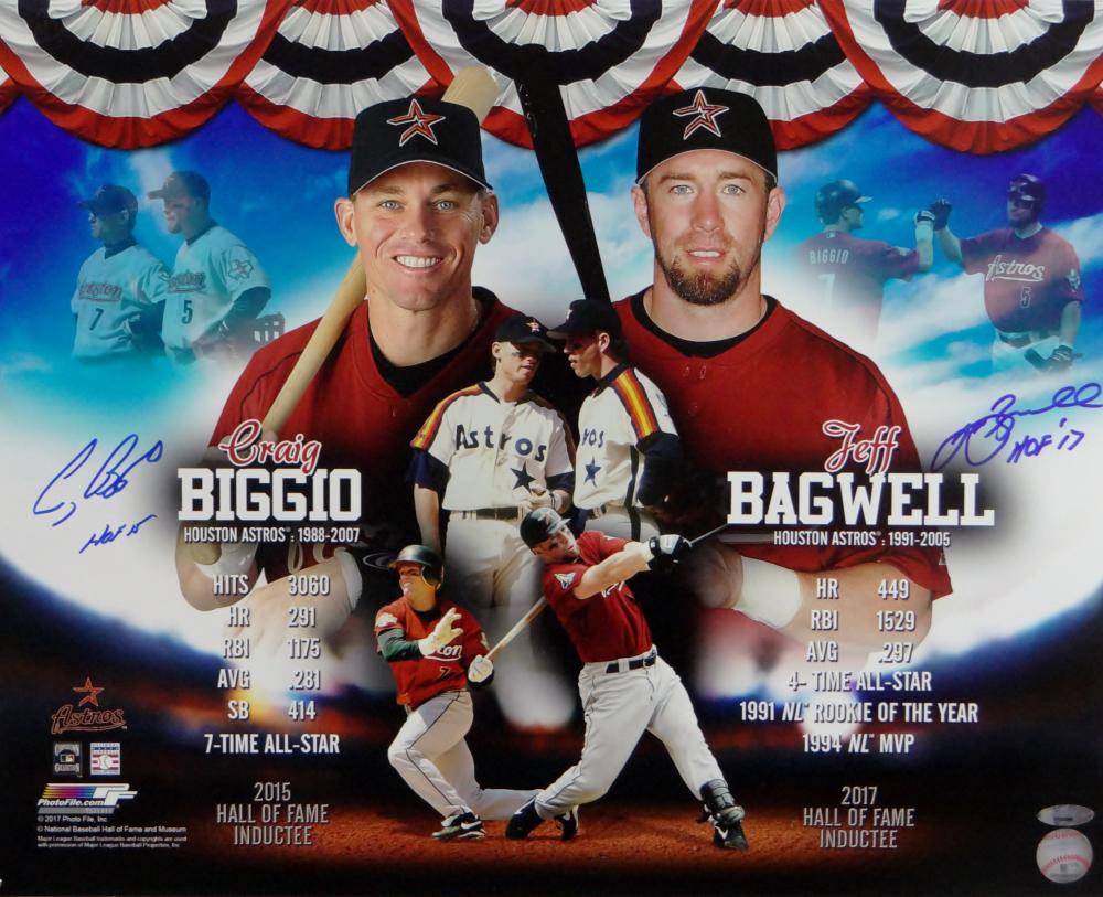Jeff Bagwell & Craig Biggio Autographed Hall of Fame Logo Baseball  Inscribed HOF