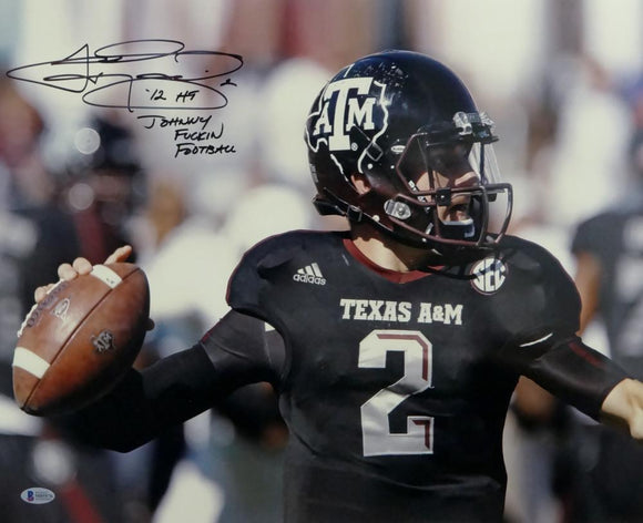 Johnny Manziel Autographed Texas A&M 16x20 PF Photo Close Up Front View w/ 2 Insc-Beckett W Auth *Black