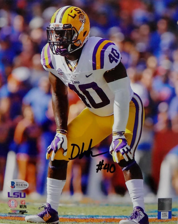 Devin White Autographed LSU 8x10 PF Photo In Stance White Jersey - Beckett Auth *Black