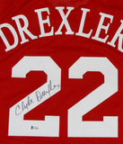 Clyde Drexler Autographed Red Clutch City Jersey- Beckett Auth *L2