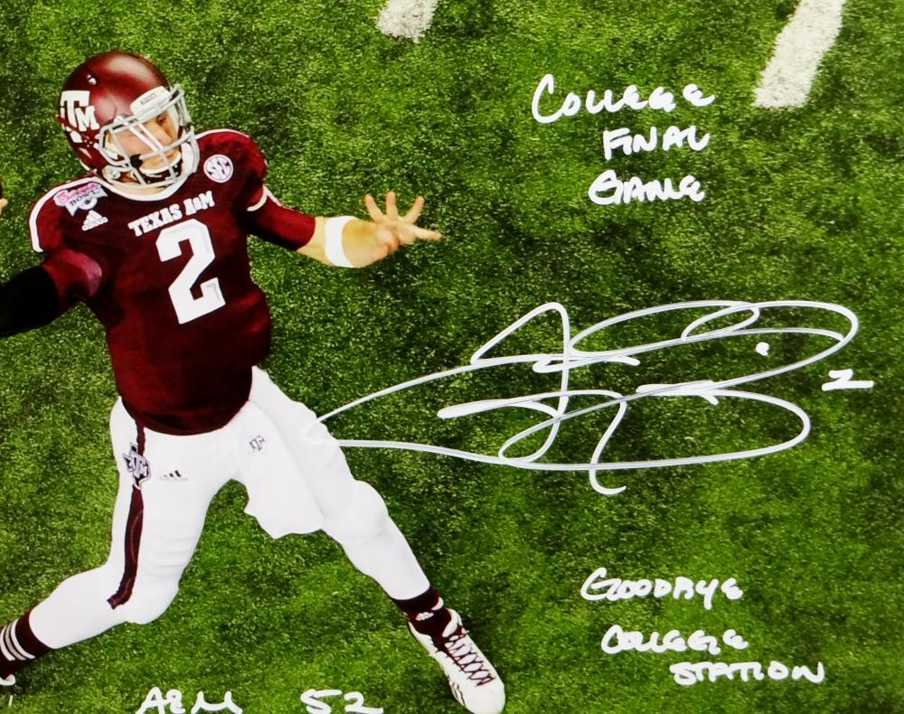 Johnny Manziel Signed Texas A&M 16x20 Aerial Pass PF Photo W/Insc- Beckett  Auth White at 's Sports Collectibles Store