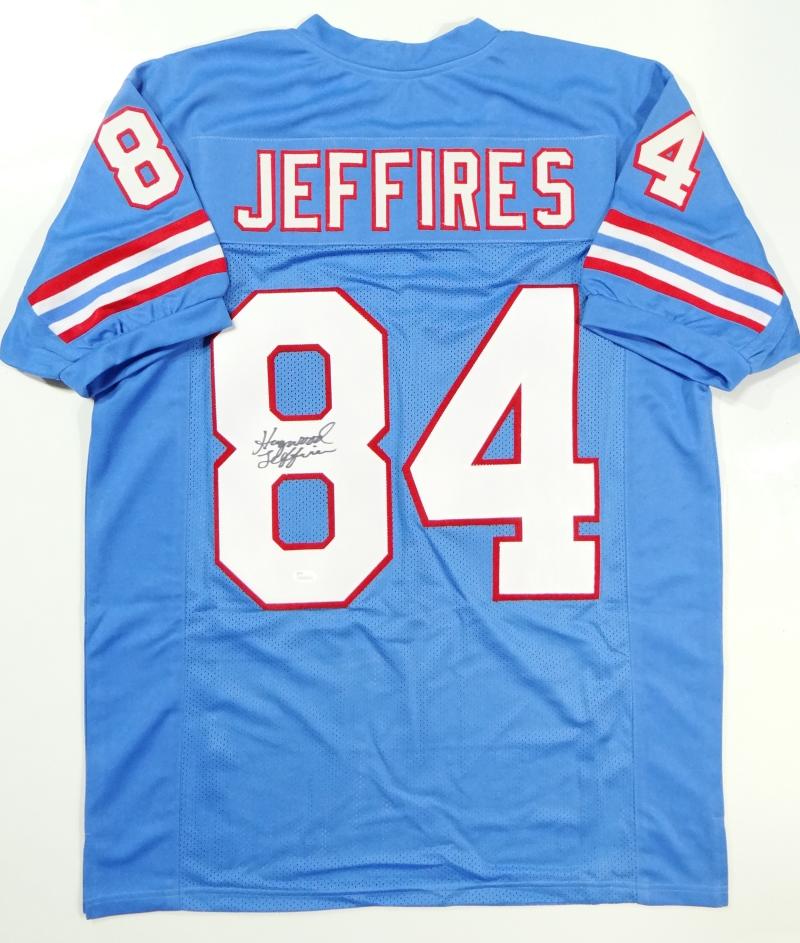 84 HAYWOOD JEFFIRES Houston Oilers NFL WR Blue Throwback Jersey AUTOGRAPHED