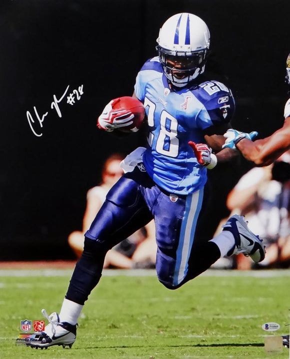 Chris Johnson Autographed Tennessee Titans 16x20 Running PF- Beckett Auth *White