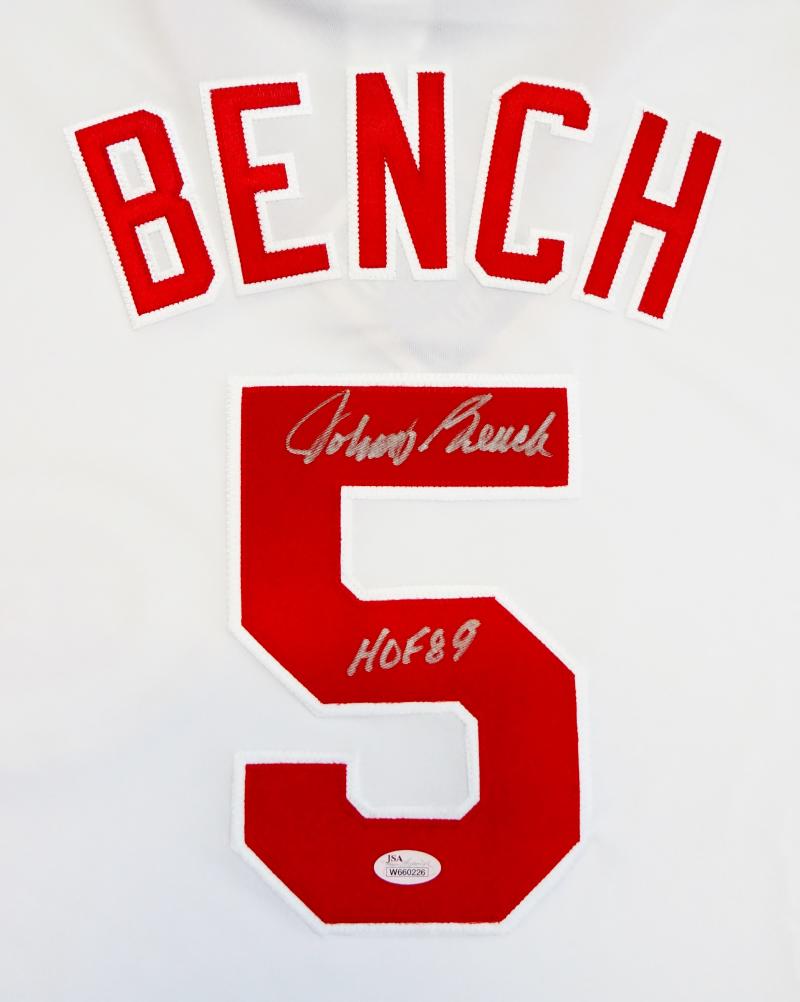 Johnny Bench Autographed White Cincinnati Reds Jersey w/ HOF- JSA W Auth  *Silver