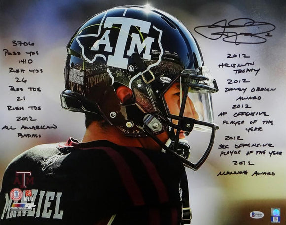 Johnny Manziel Autographed Texas A&M 16x20 PF Photo Close Up 10 Insc-Beckett W Auth *Black
