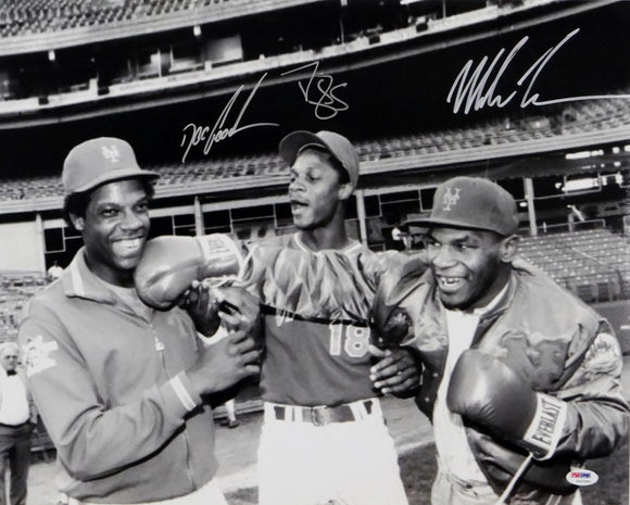 Mike Tyson Doc Gooden Darryl Strawberry Autographed 16x20 B&W Photo- PSA/DNA Auth