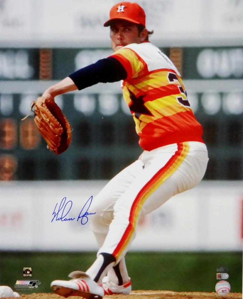 Nolan Ryan Houston Astros Autographed 16 x 20 Pitching in Rainbow Jersey