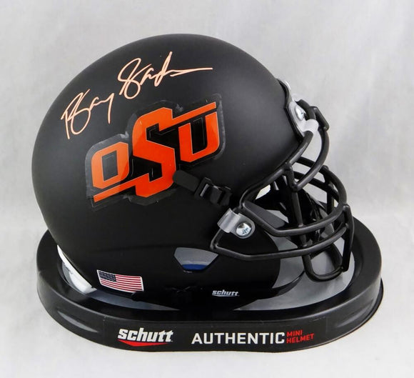 Barry Sanders Autographed Oklahoma State Cowboys Matte Black Mini Helmet- Beckett Auth *Orange
