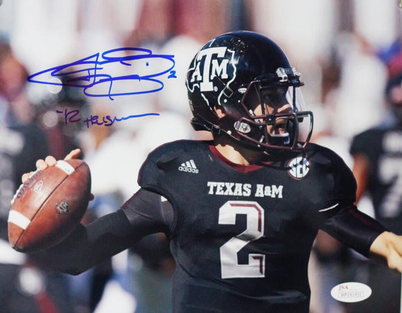 Johnny Manziel Autographed Texas A&M 8x10 Close Up Photo w/ Heisman - JSA W Auth *Blue