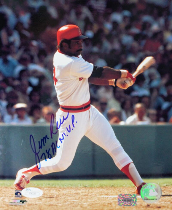 Jim Rice Autographed 8x10 Swinging In Red Helmet Photo- JSA Authenticated