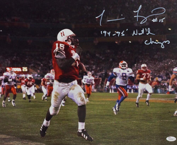 Tommie Frazier Autographed Nebraska 16x20 Running Photo w/ 94-95 Nat'l Champs - JSA W Auth *White
