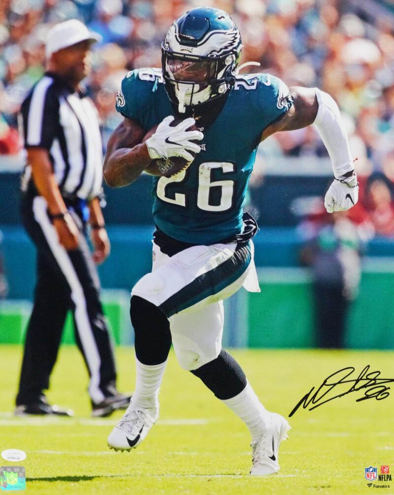 Philadelphia Eagles Miles Sanders Autographed 16 x 20 Running in Black Jersey Photograph