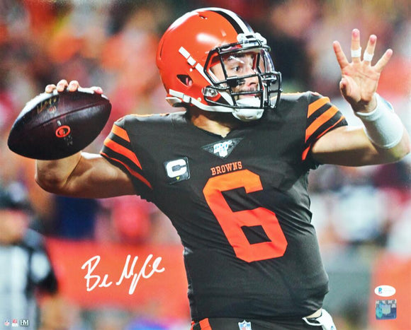 Baker Mayfield Autographed Cleveland Browns 16x20 HM Passing Close Up Photo - Beckett W Auth *White