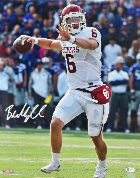 Baker Mayfield Autographed Oklahoma Sooners 16x20 HM Passing White Jersey Photo - Beckett W Auth *White