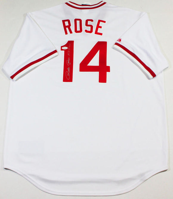 Pete Rose Autographed White Cincinnati Reds Cooperstown Jersey W/ Hit King - JSA W Auth