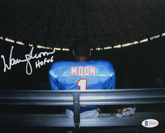 Warren Moon Autographed Houston Oilers 8x10 On Bench w/HOF - Beckett W Auth *White