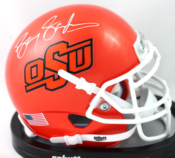 Barry Sanders Autographed Oklahoma State Cowboys Orange Alt Mini Helmet - Beckett Auth *White