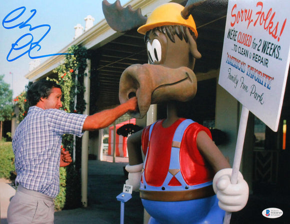 Chevy Chase Autographed 11x14 Family Vacation Punching Moose - Beckett W Auth *Blue