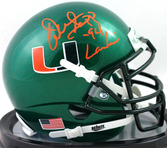Warren Sapp Autographed Miami Hurricanes Green Mini Helmet w/ Insc - Beckett Witness *Orange
