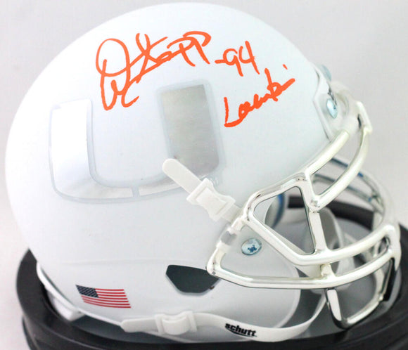 Warren Sapp Autographed Miami Hurricanes White w/ Chrome Mini Helmet w/ Insc - Beckett Witness *Orange