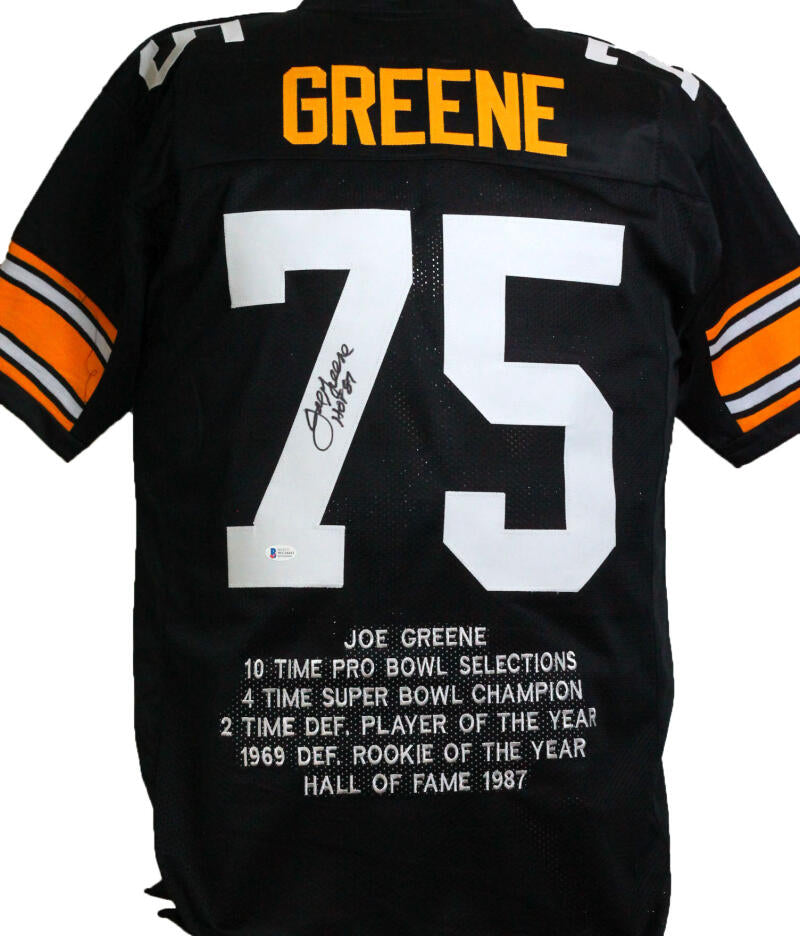 Joe Greene Autographed Black Pro Style STAT Jersey w/ HOF- Beckett