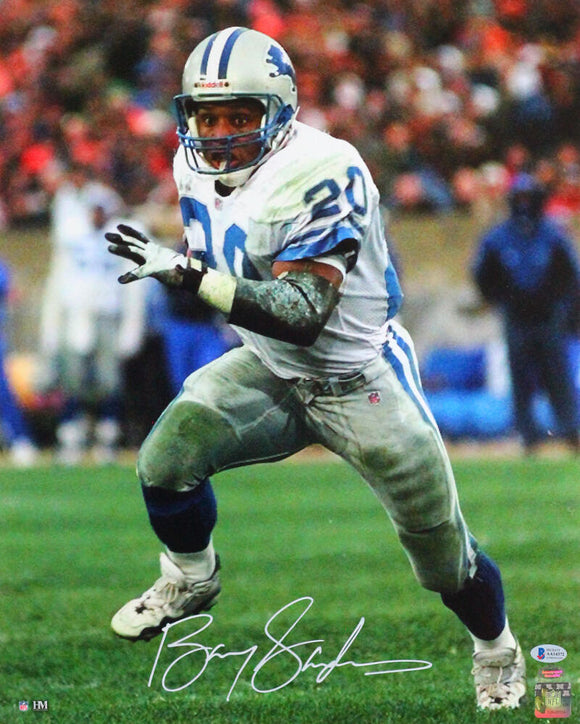 Barry Sanders Autographed Up Close Running 16x20 HM Photo- Beckett  *White