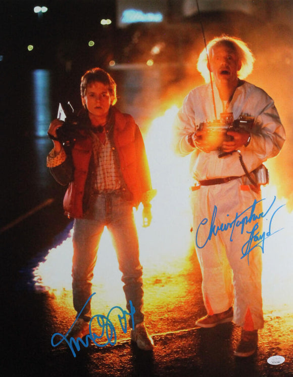 Christopher Lloyd/MJ Fox Signed Back to the Future 16x20 Fire Photo- JSA W *Blue