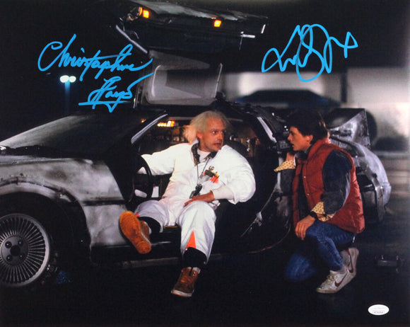 Christopher Lloyd/MJ Fox Autographed w/ Delorean 16x20 Photo- JSA W *Blue