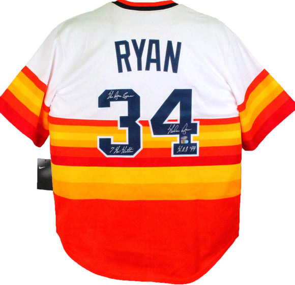 Nolan Ryan Autographed Astros Nike Rainbow Jersey w/ 3 Insc - AIV Hologram *Slvr *34