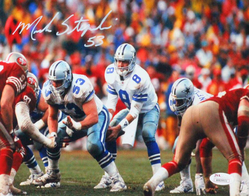 Athlon Sports Mark Stepnoski signed Dallas Cowboys 8x10 Photo #53 (white  jersey)- Stepnoski Hologram